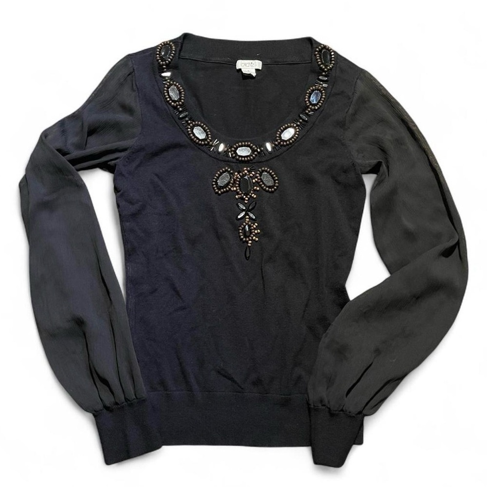 CACHE Black Jeweled Elegant Glam Neckline Mesh Long Sleeves Quiet Luxury Sz S